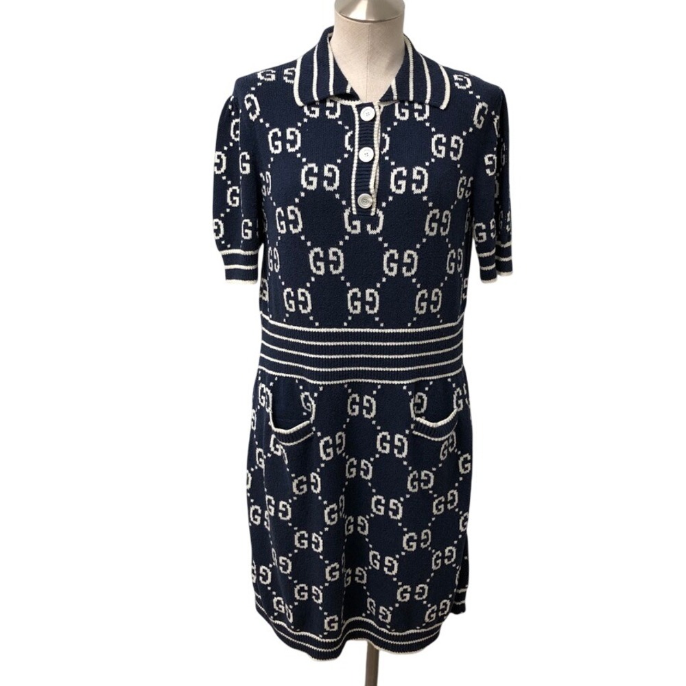 Gucci Knit Dress Womens Large L Navy Blue GG Monogram Short Sleeve Collared